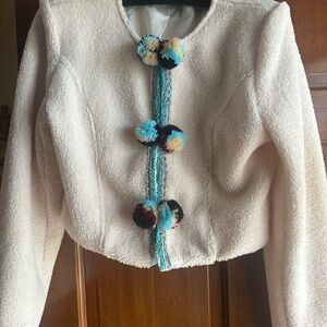 SHEIN Cream Textured Jacket with Multicolor Pom Poms